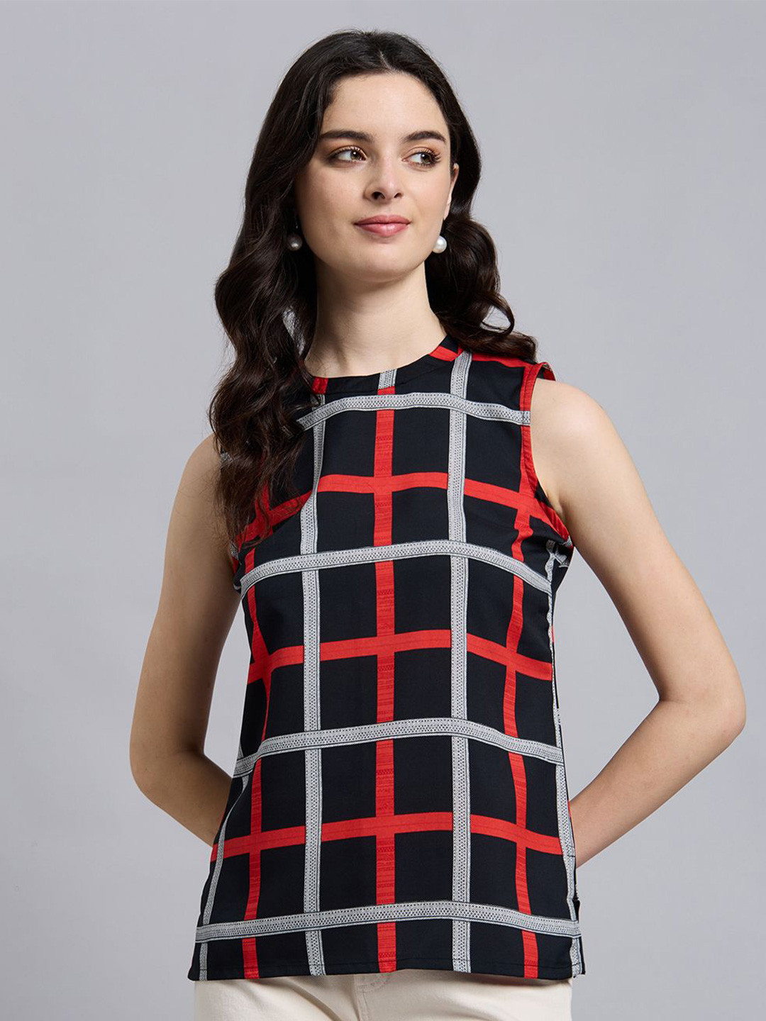 THE FAB FACTORY Checked Printed Crepe Top