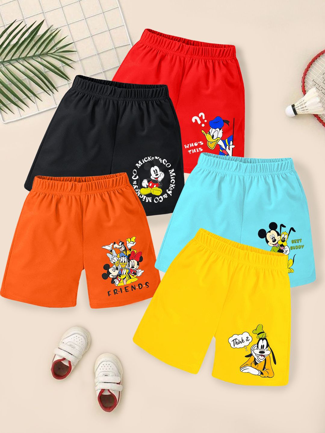 KUCHIPOO Boys Pack of 5 Mickey Mouse Printed Regular Fit Mid-Rise Shorts