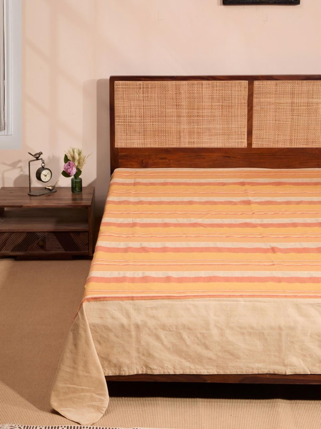 Fabindia Tarana Beige & Yellow Striped Cotton 120 TC Double Bed-King Bed Cover