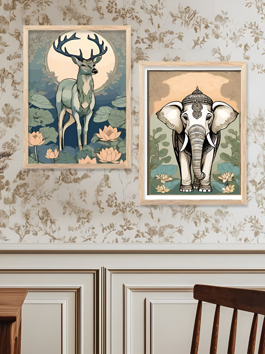 Kotart Traditional Brown & Off White 2 Pieces Elephant & Deer Printed Wooden Wall Arts