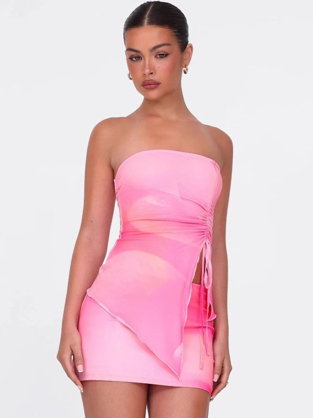 LULU & SKY Printed Strapless Neck Bandeau Top With Skirt Co-Ords