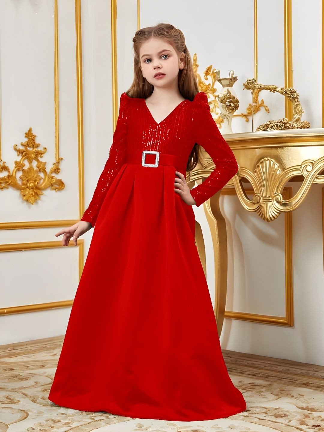 DP FABRICS Girls Embellished Satin Maxi Dress