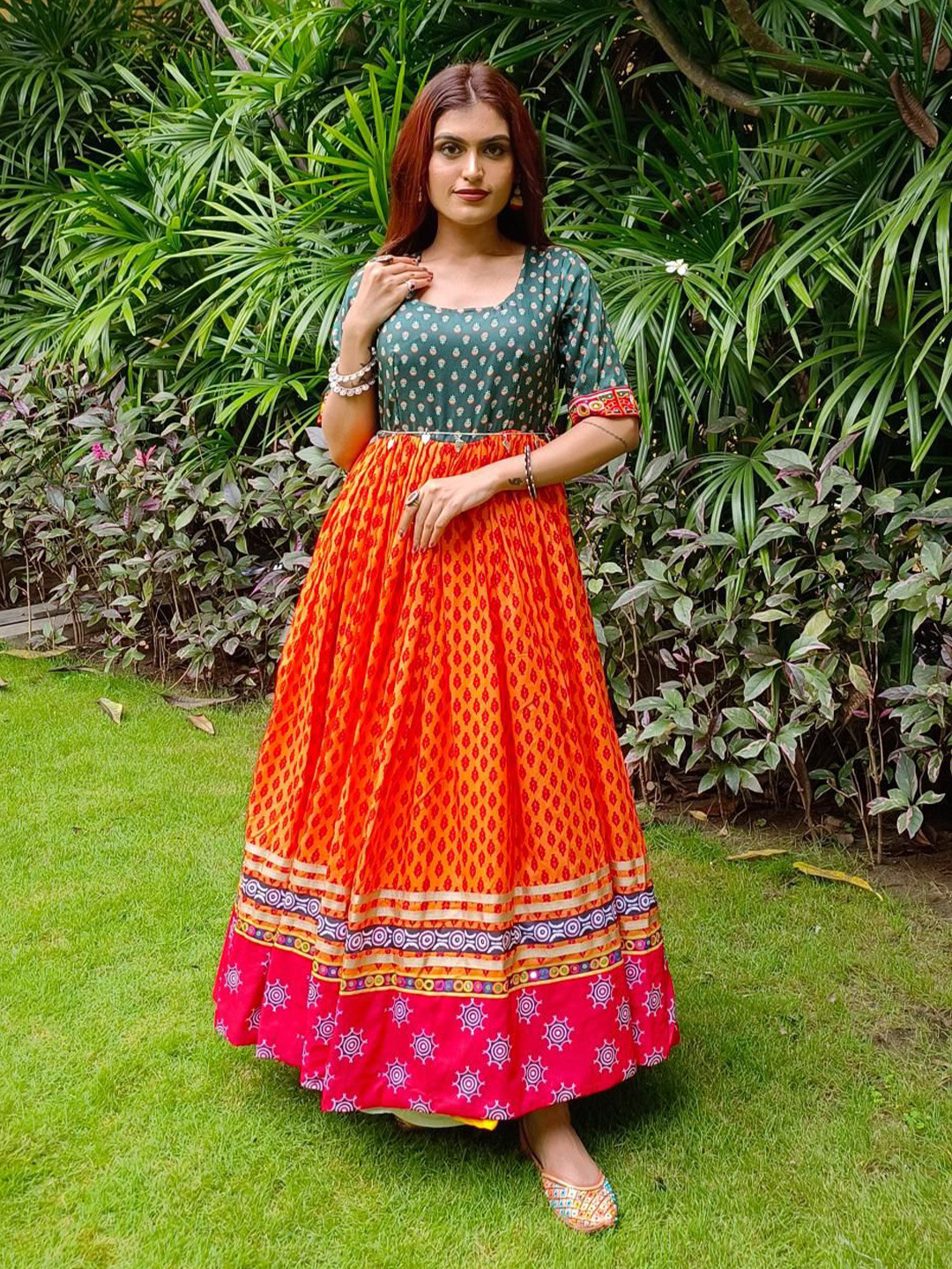 FFI Festive Multicolor Flared Anarkali Dress with Printed Yoke and Border