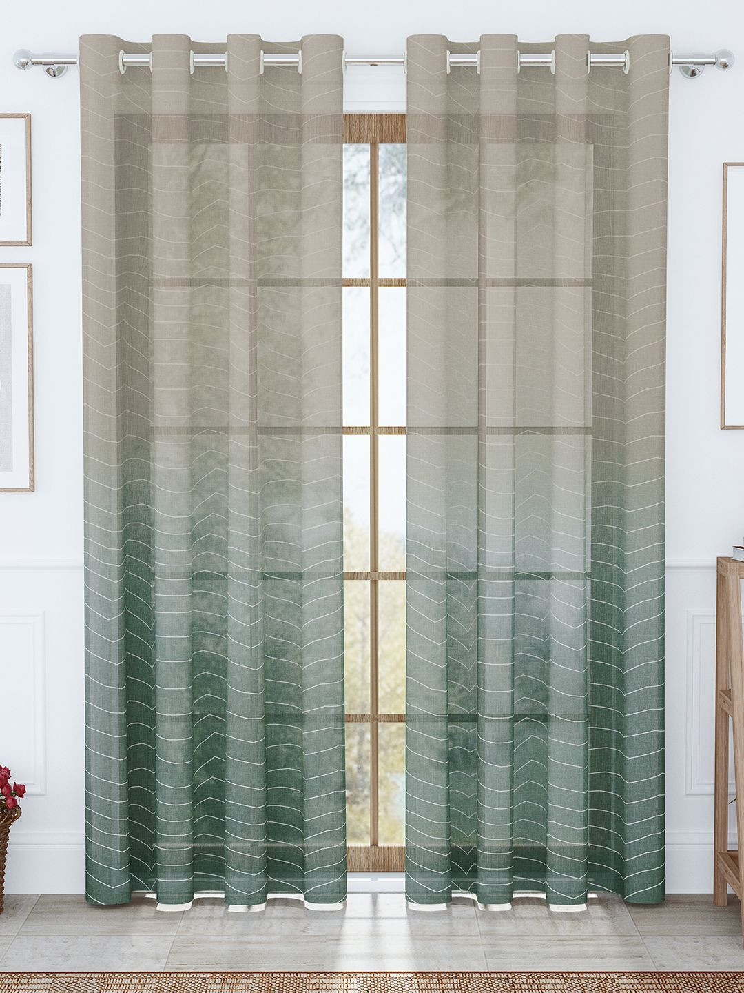 Story@home Green Pack Of 2 Striped Sheer Long Door Curtain