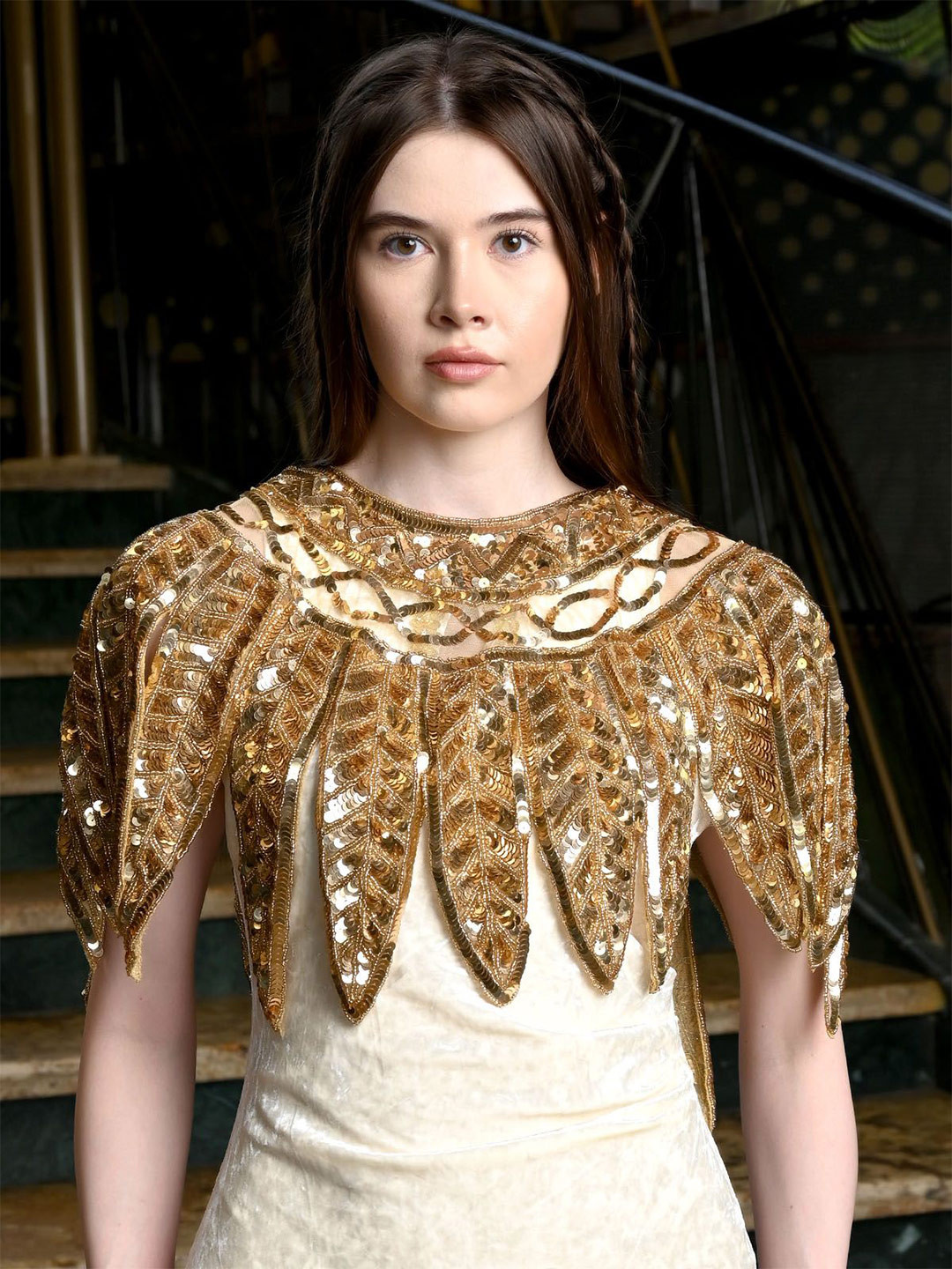 ODETTE Women Golden Embellished Cape Party Button Shrug