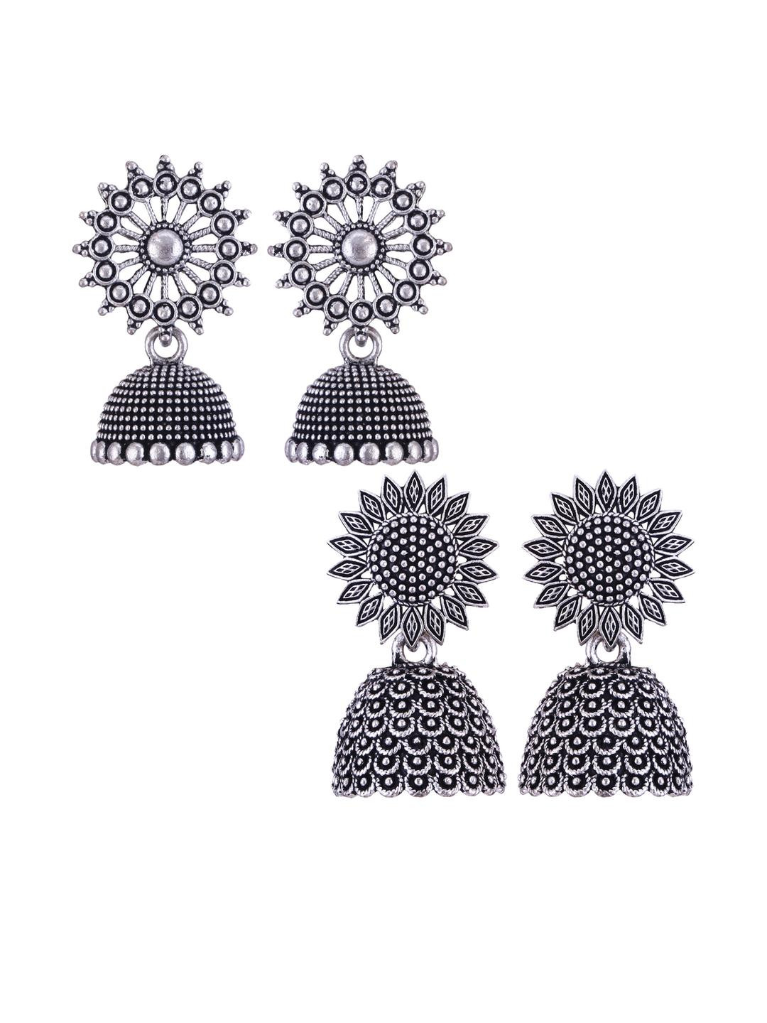 Sangria Women 2 Pair Silver-Plated Oxidised Jhumkas Earrings Combo