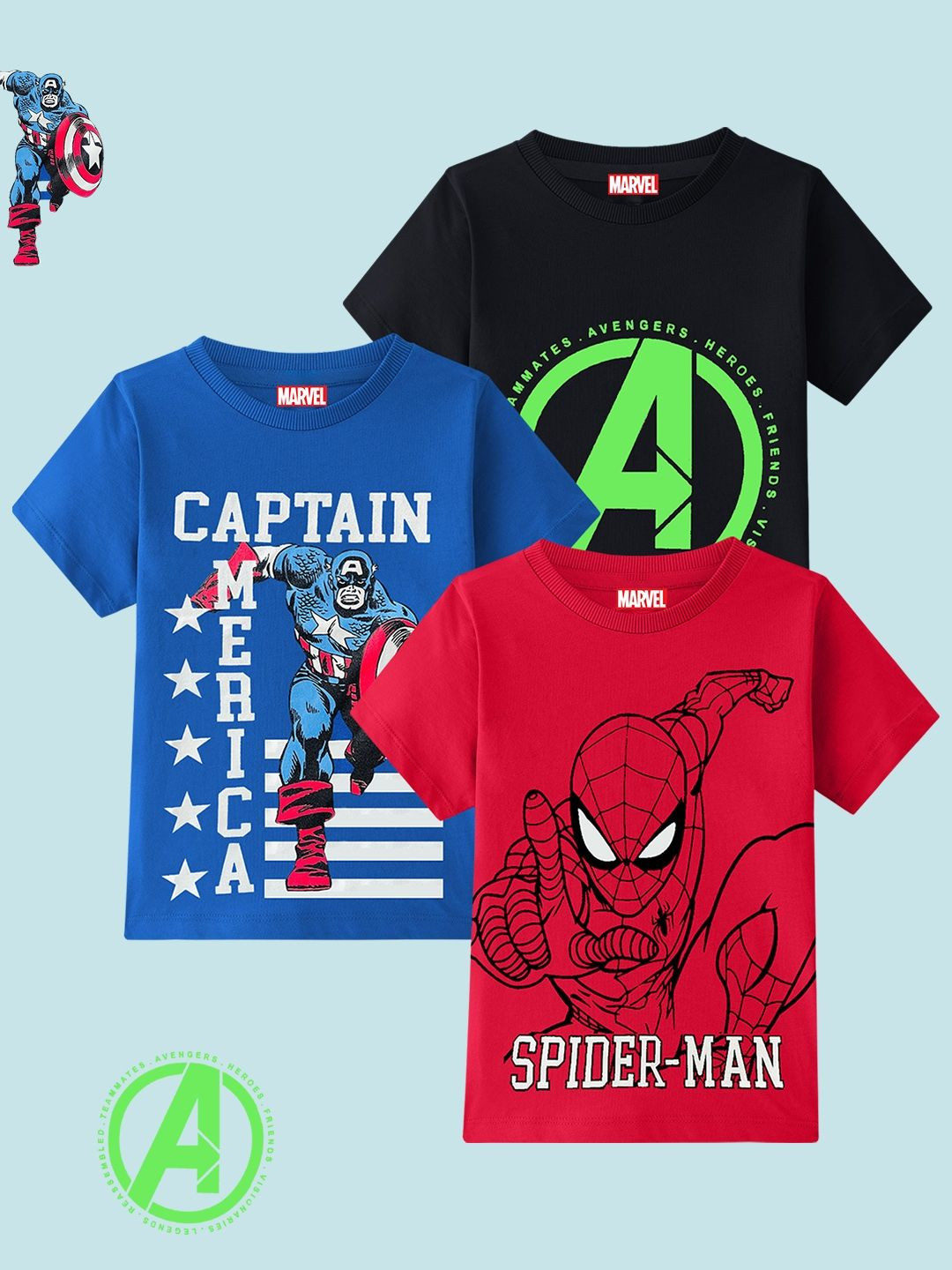 KUCHIPOO Boys Pack Of 3 Captain America Printed Round Neck Short Sleeves Cotton T-shirts