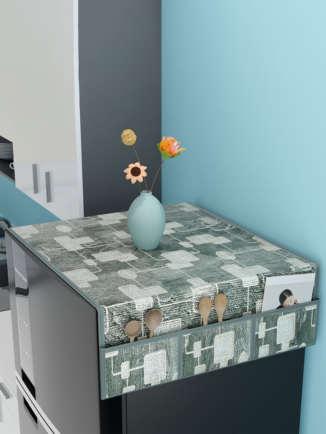 Kuber Industries Grey & Beige Check Circle Luxury Cutwork Fridge Top Cover With 6 Pockets