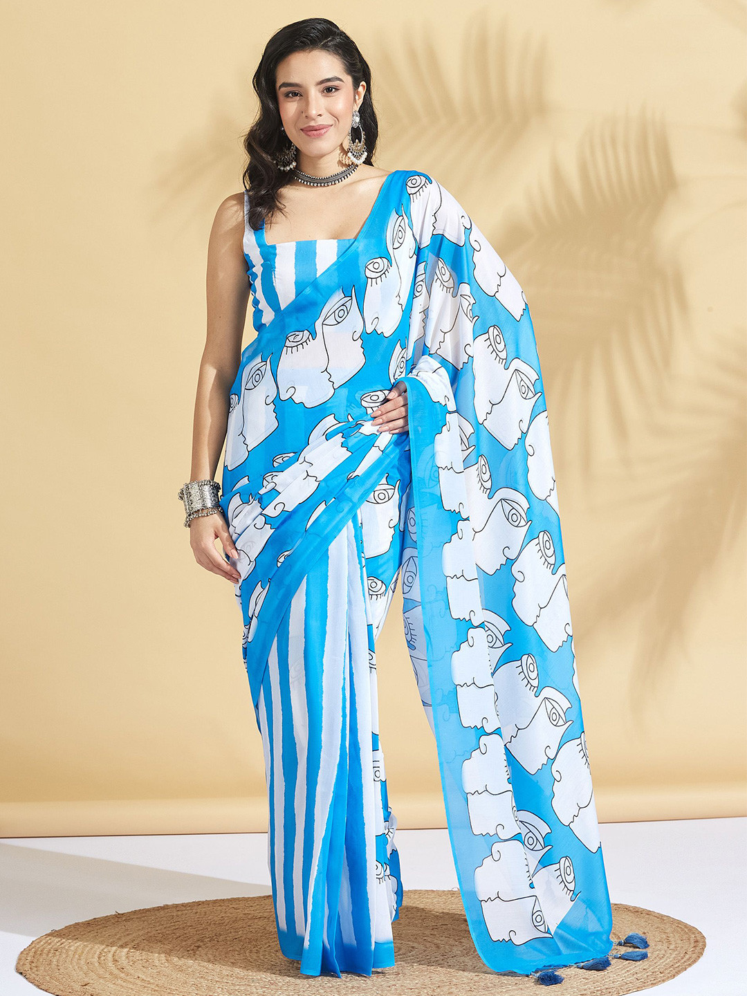 RACHNA Mural Face Printed Ikat Saree witn Blouse Piece