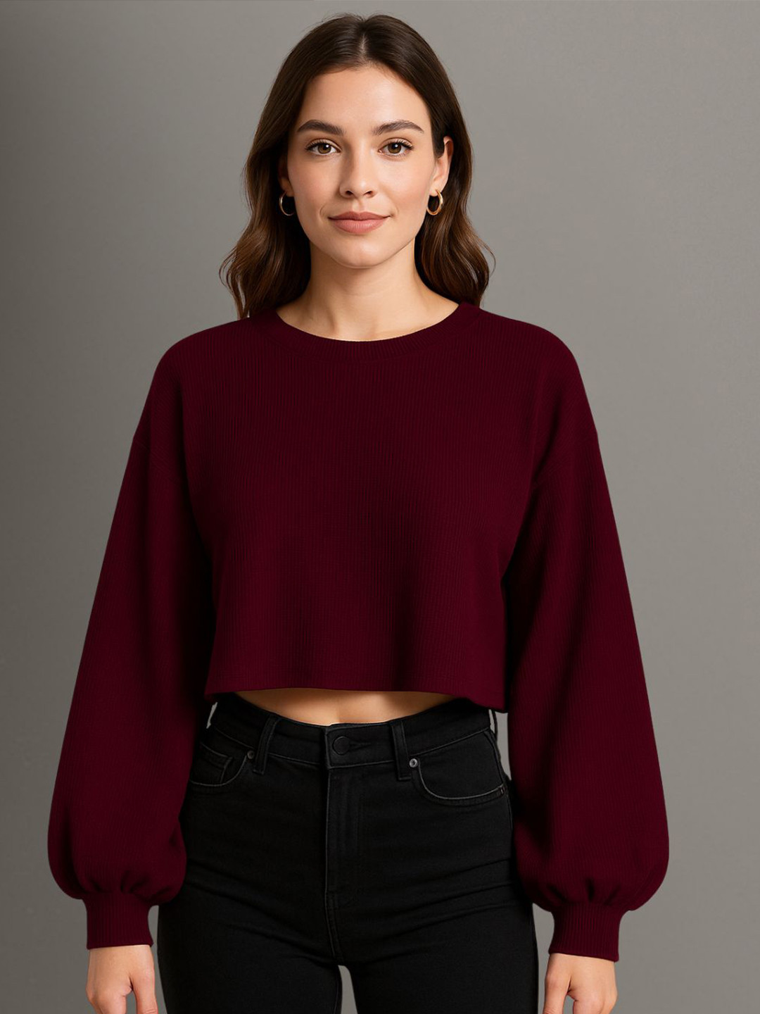 Moda Rapido Ribbed Cuffed Sleeves Boxy Crop Top