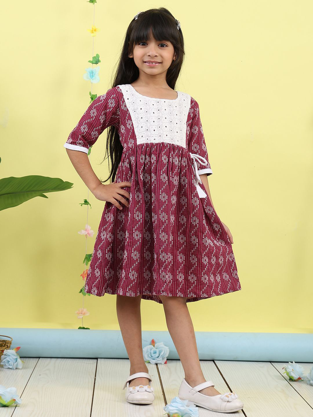 Sangria Girls Ethnic Motifs Print Cotton Fit & Flare Dress with Hakoba Patchwork