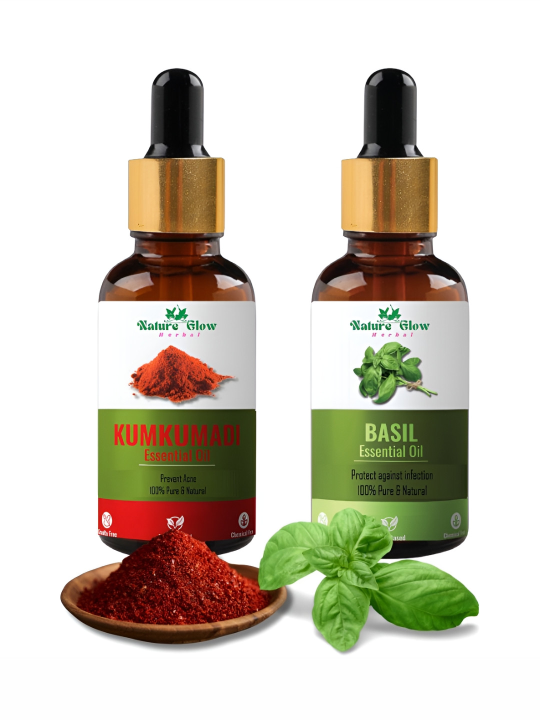 Nature Glow Herbal Set Of 2 Kumkumadi & Basil Essential Oils- 15ml Each