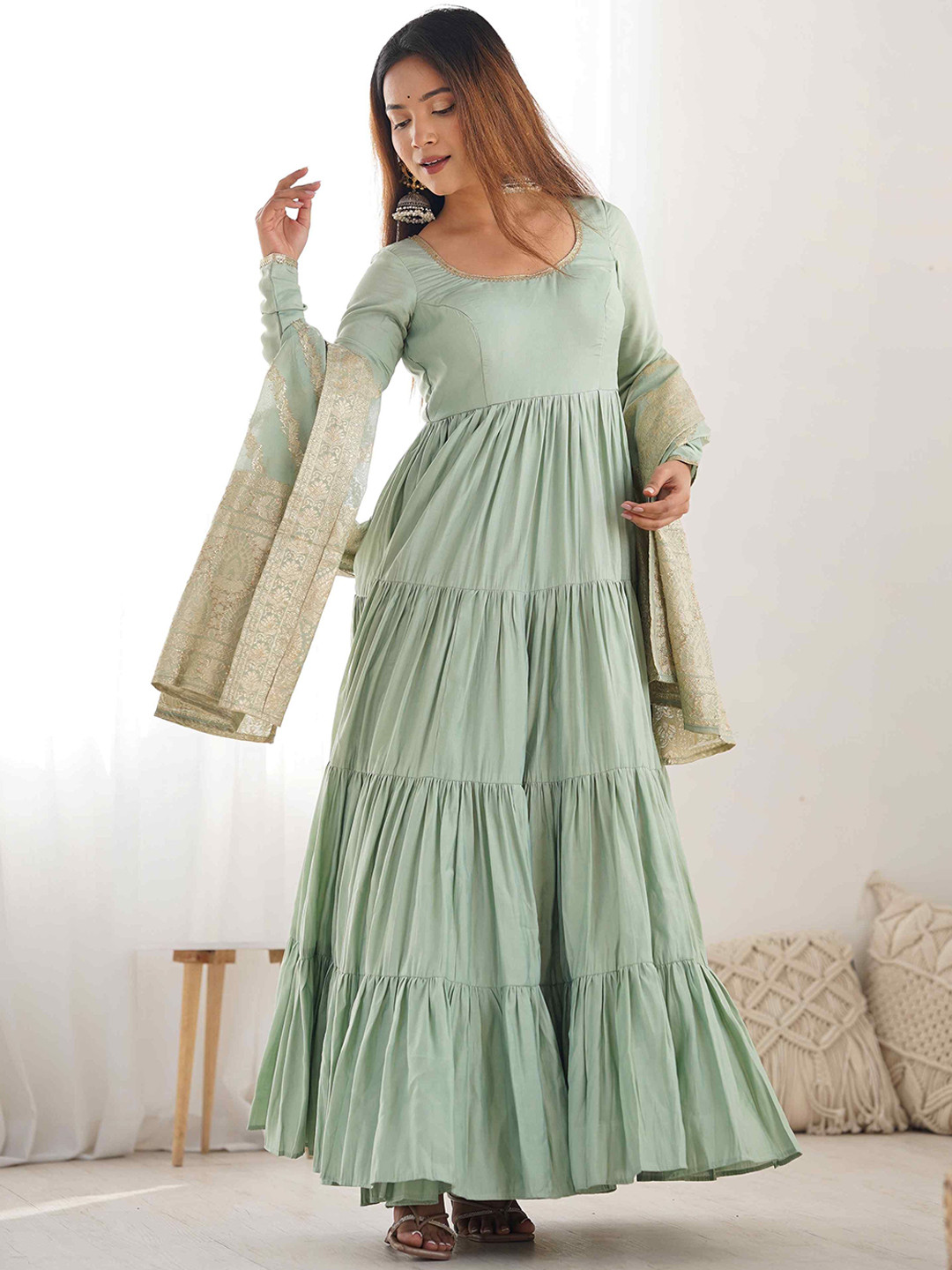 TextileNow Layered Chanderi Cotton Kurta With Trousers And Dupatta