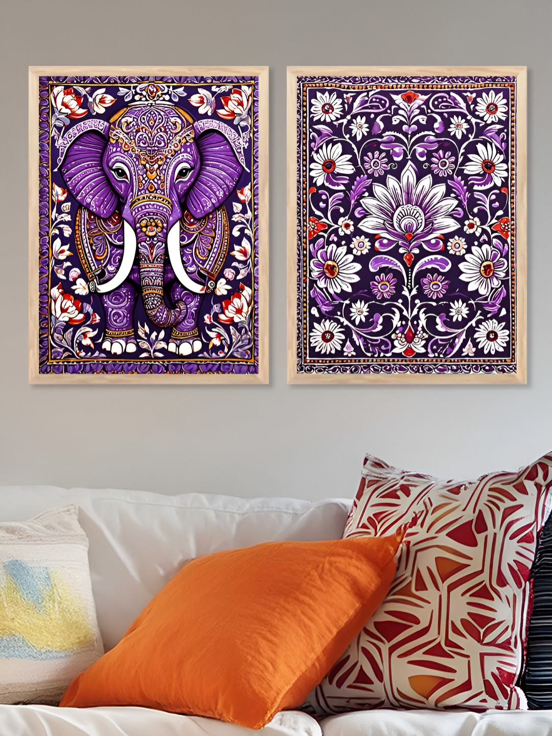 Kotart Brown & Purple 2 Pieces Elephant Floral Printed Wooden Wall Arts