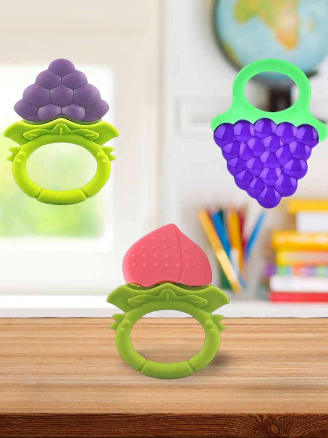 Joy Buzz Kids Set Of 3 Baby Fruit Teether - Peach Colored & Blue