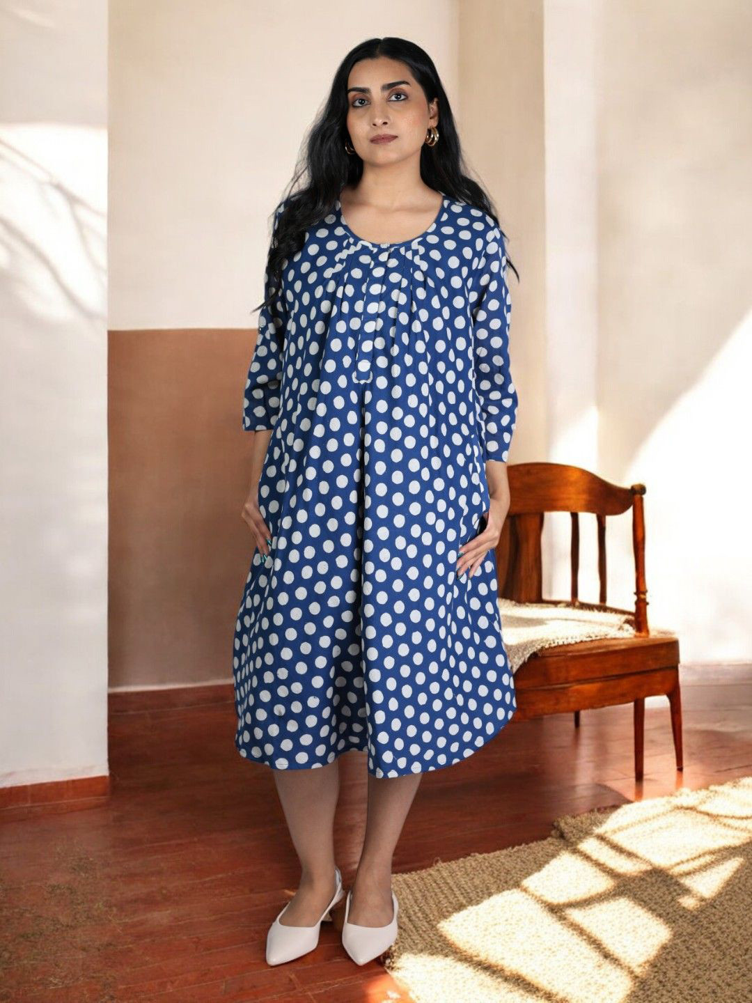 PRETANSHAH IndiDots Women Polka Dots Printed Round Neck Cotton A-Line Dress