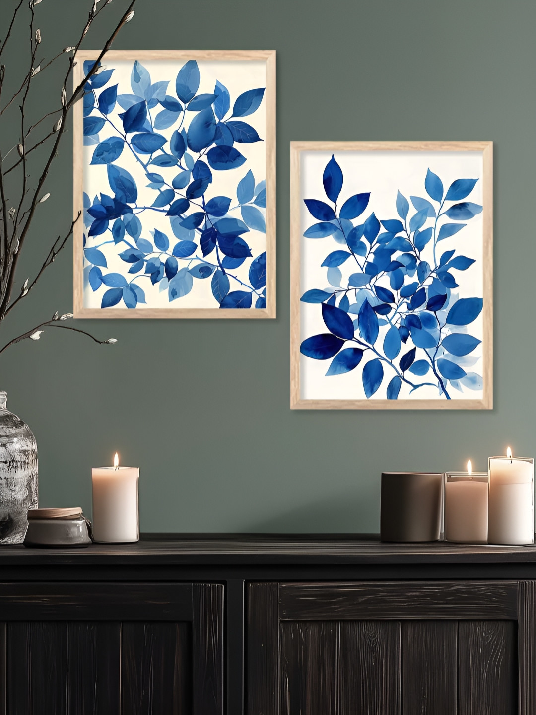 Kotart Brown & Blue 2 Pieces Floral And Botanical Printed Portrait Wooden Wall Arts
