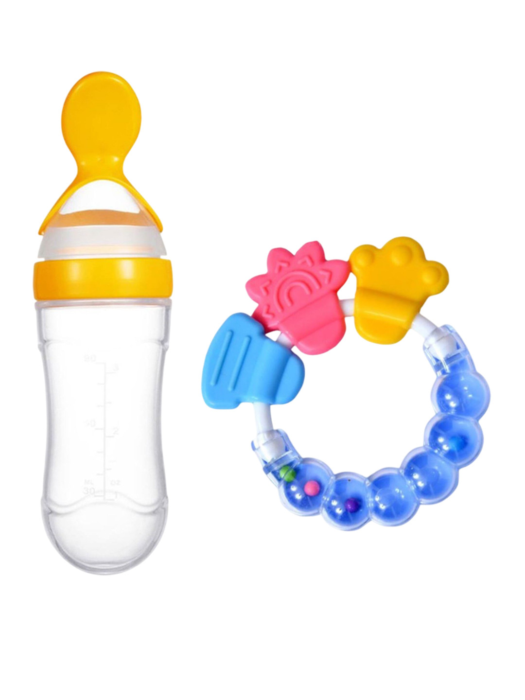 Joy Buzz Kids Set Of 2 Baby Spoon Feeder - 90 ml & Rattle Teether - Yellow & Blue