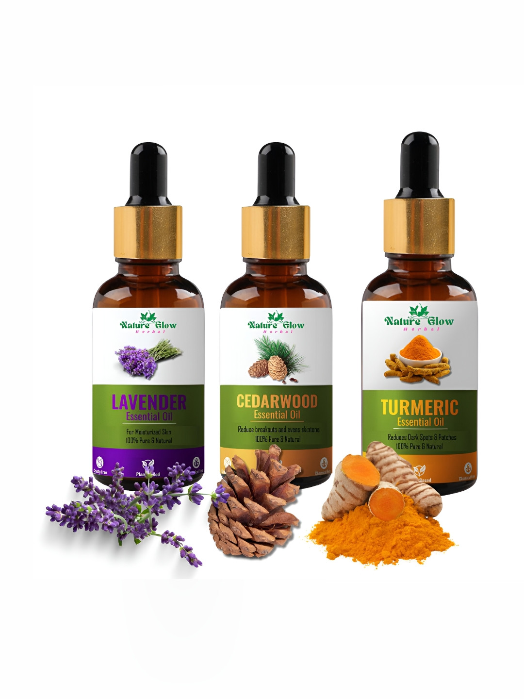 Nature Glow Herbal Set Of 3 Lavender With Cedarwood & Turmeric Essential Oils- 15ml Each