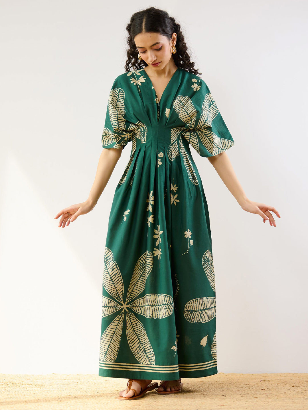 Rustorange Periwinkle Women Printed Cotton Pleated Maxi Dress