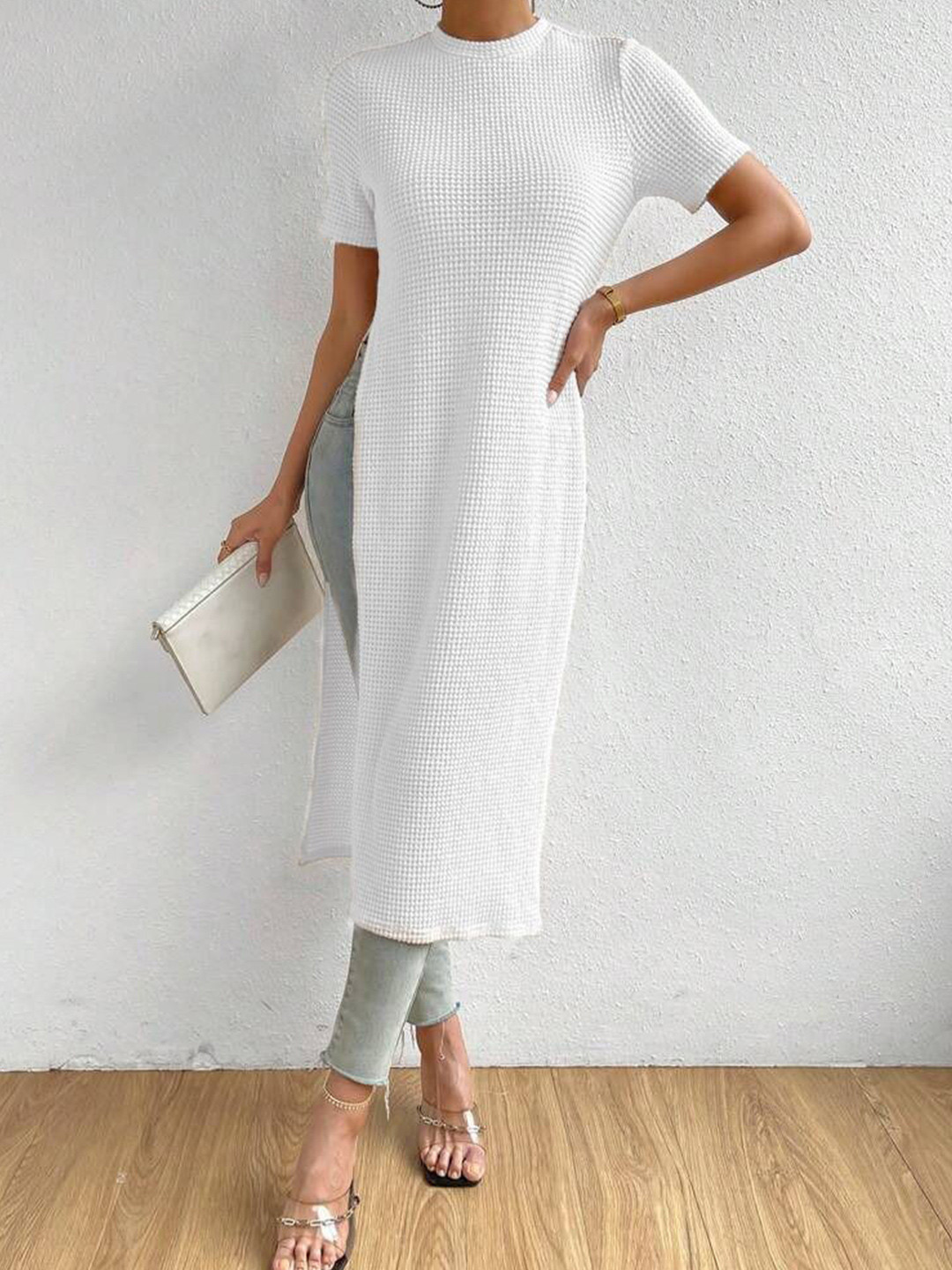 DressBerry Women Self Design High Slits Cotton Maxi Longline Top