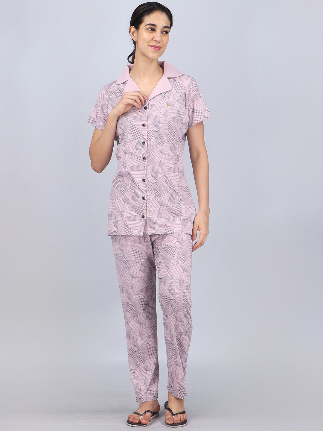 CLINT Women Printed Lapel Collar Shirt & Pyjamas Pure Cotton Night suit