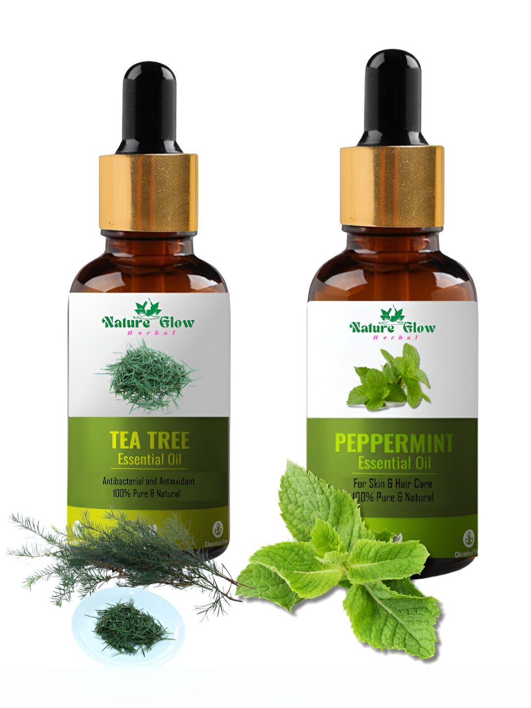 Nature Glow Herbal Set Of 2 Tea Tree & Peppermint Essential Oils- 15ml Each