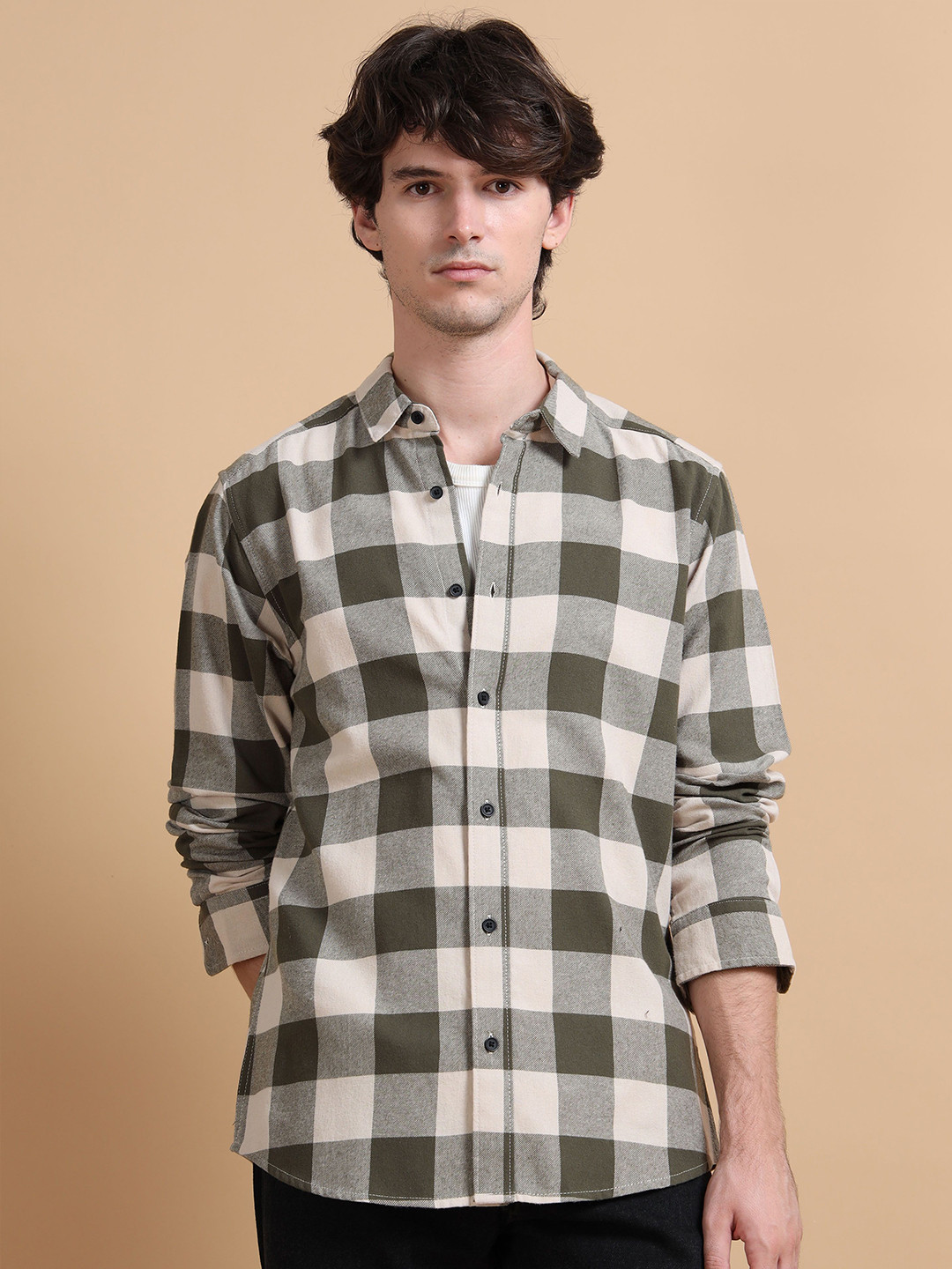 StitchX Men's Green Cream Slim Fit Brushed Cotton Buffalo Checkered Shirt