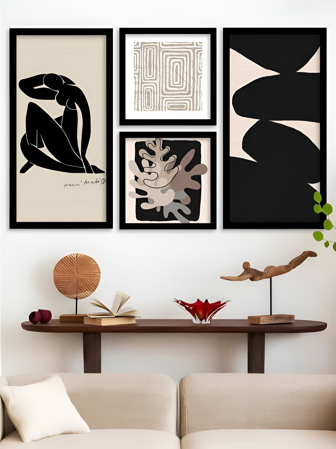 Kotart Black Beige & Off White 4 Pieces Abstract Wooden Wall Arts