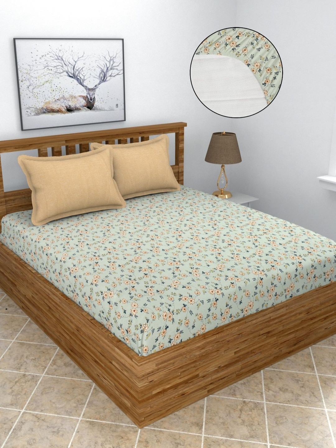 BREVARD White & Beige Printed Fitted 210 TC King Bedsheet with 2 Pillow Covers 2.7m x2.7m