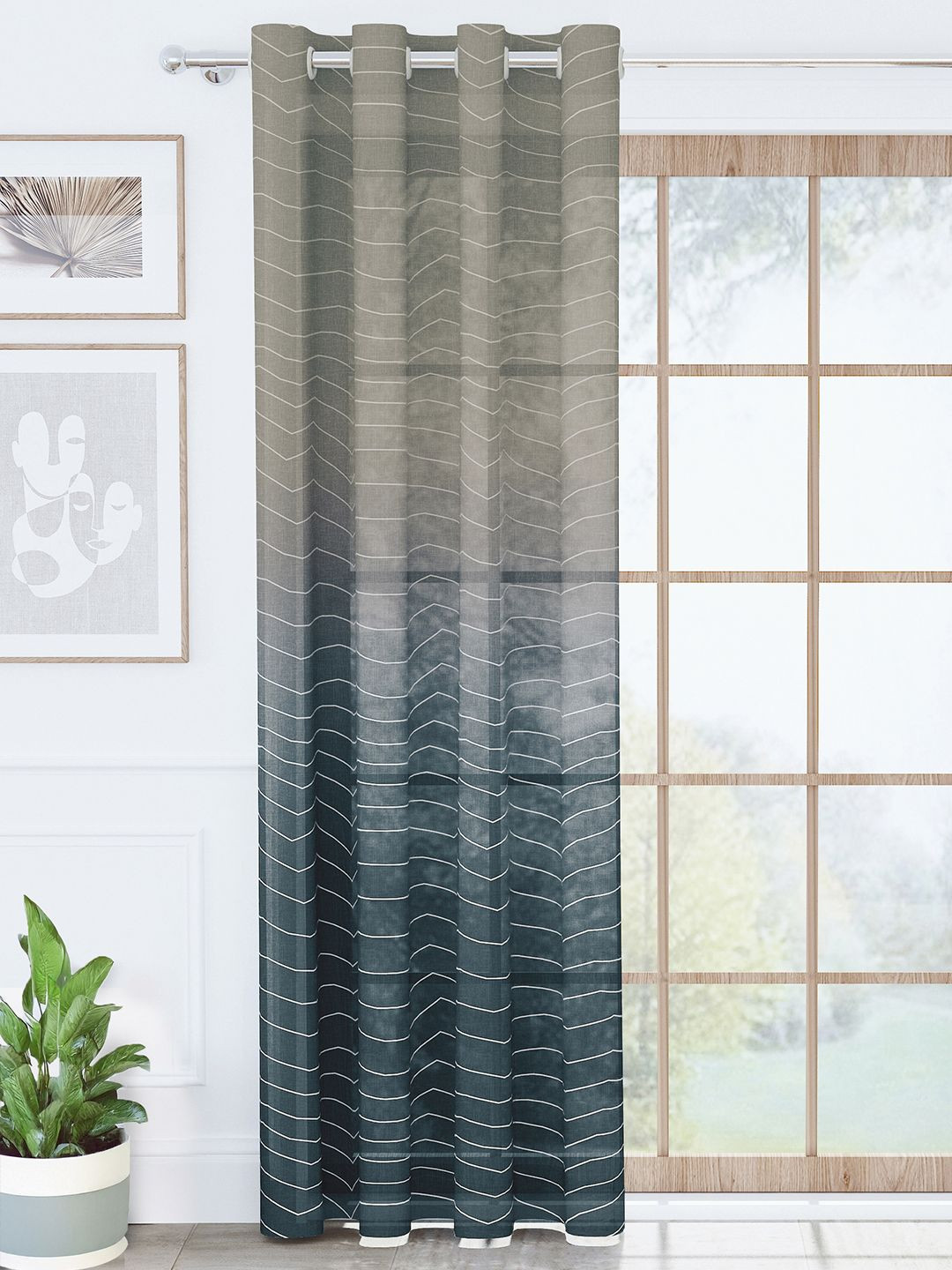 Story@home Navy Blue & Grey Striped Printed Sheer Door Curtain