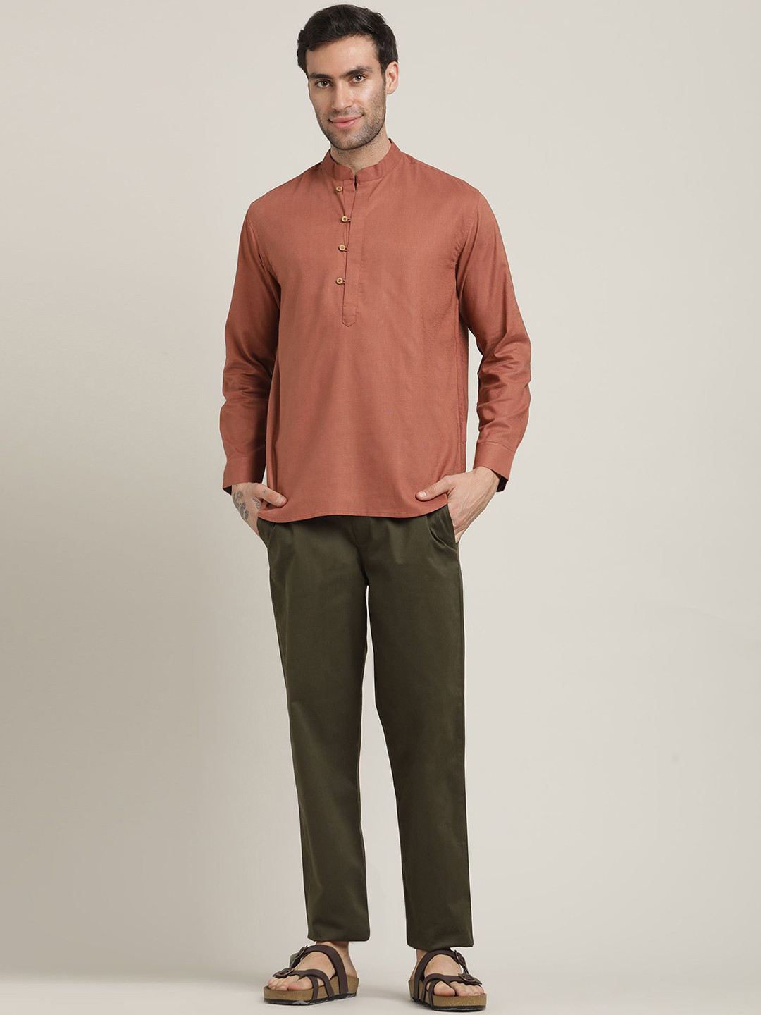 Saltpetre Men Orange Mandarin collar shirt with Chinos pant Co-ord set