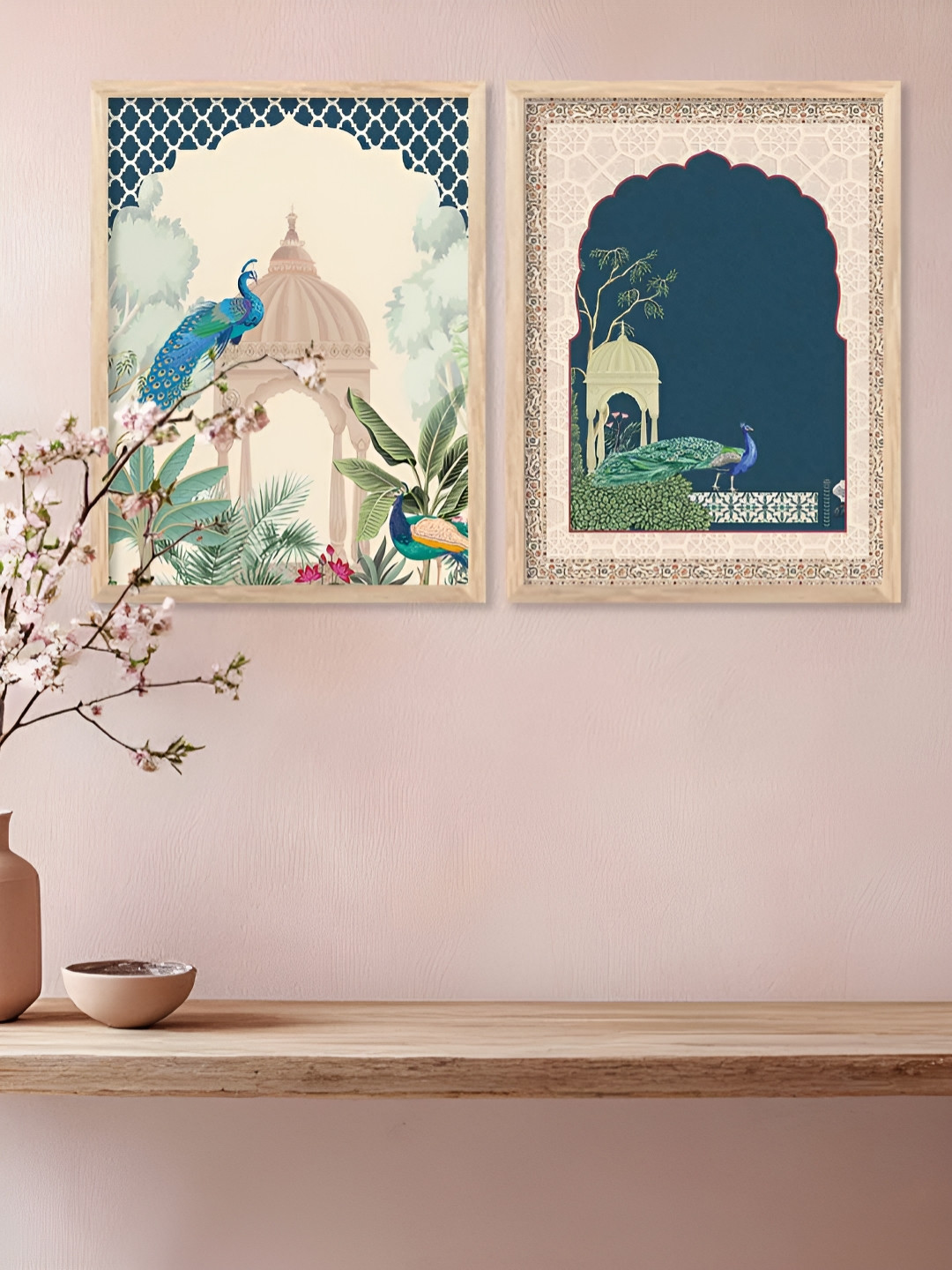 Kotart Navy Blue And Green 2 Pieces Peacock printed Wooden Wall Arts