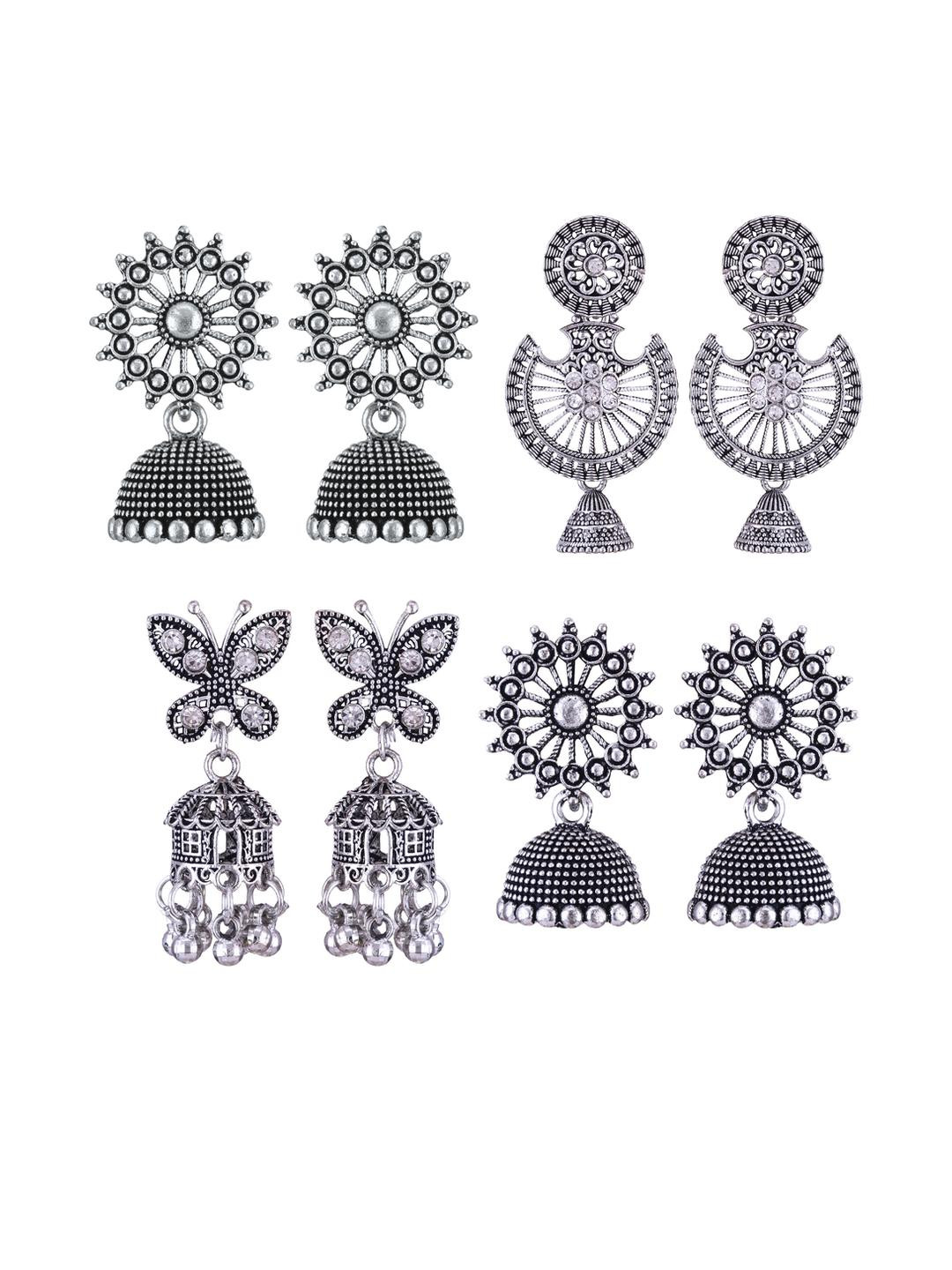 Sangria Women Pack of 4 Peacock Shaped Oxidised Jhumkas