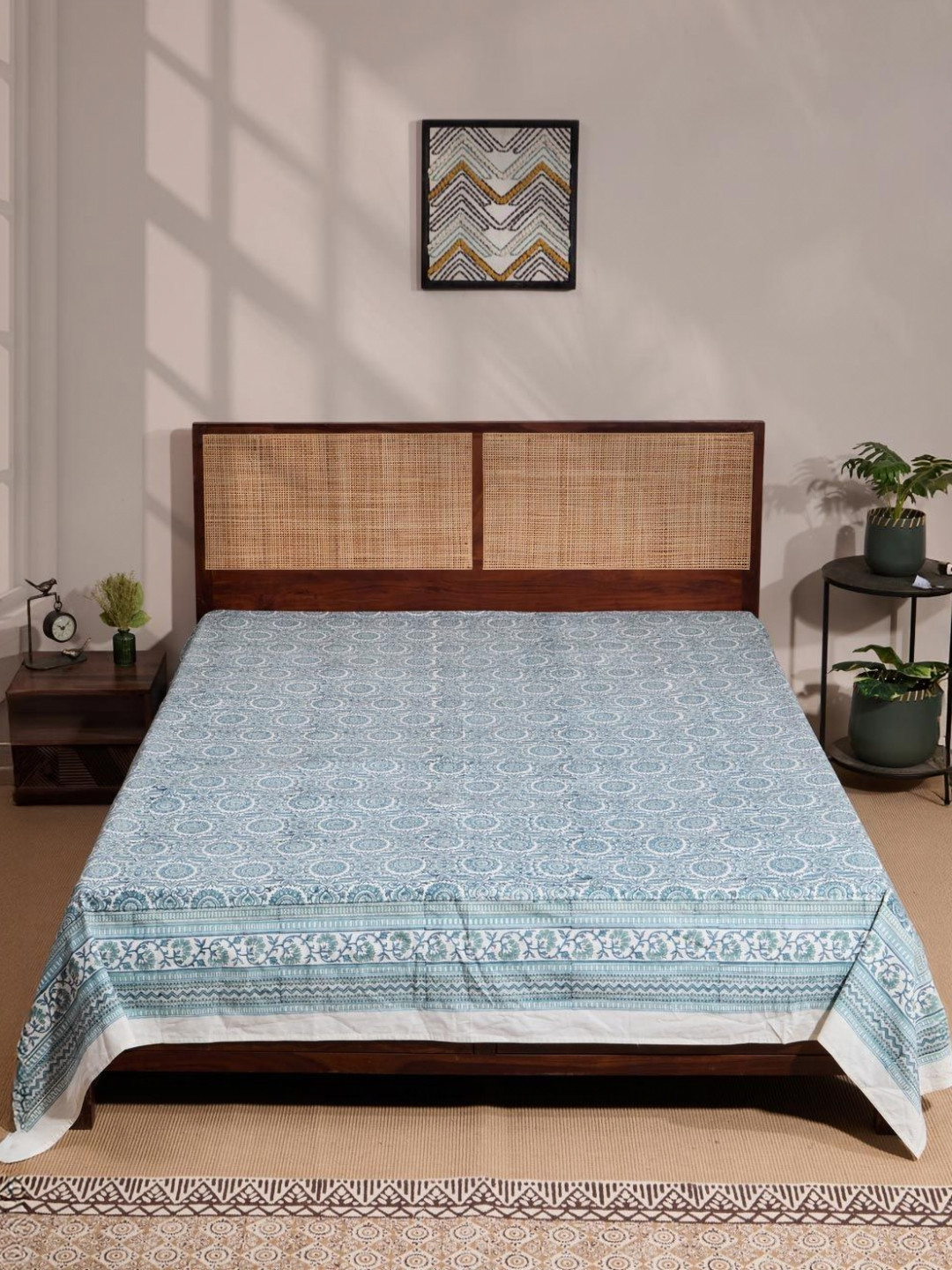 Fabindia Hand Block Blue & White Printed Cotton 120 TC Double Bed-Queen Bed Cover