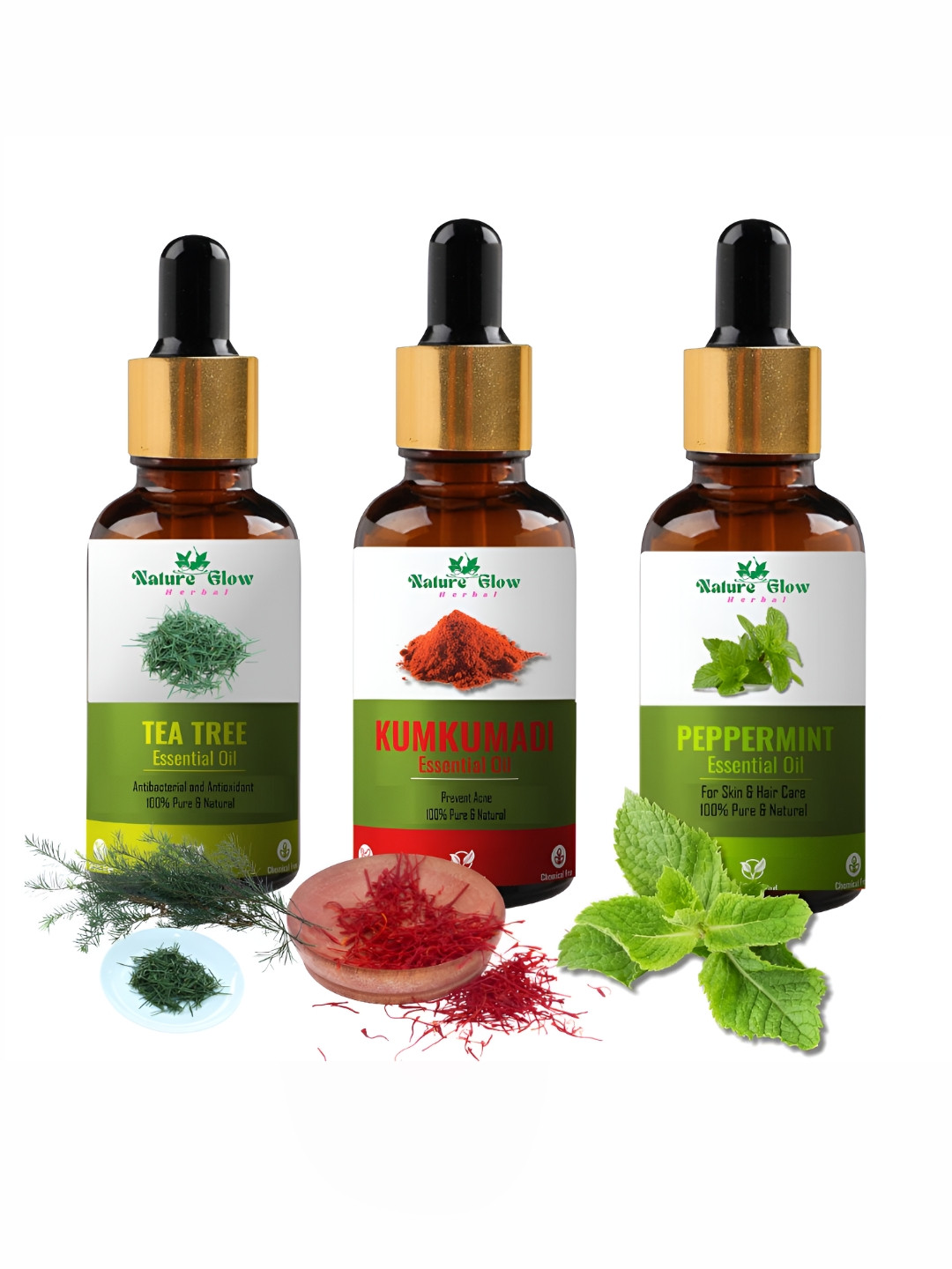 Nature Glow Herbal Set Of 3 Tea Tree With Kumkumadi & Peppermint Essential Oils- 15ml Each