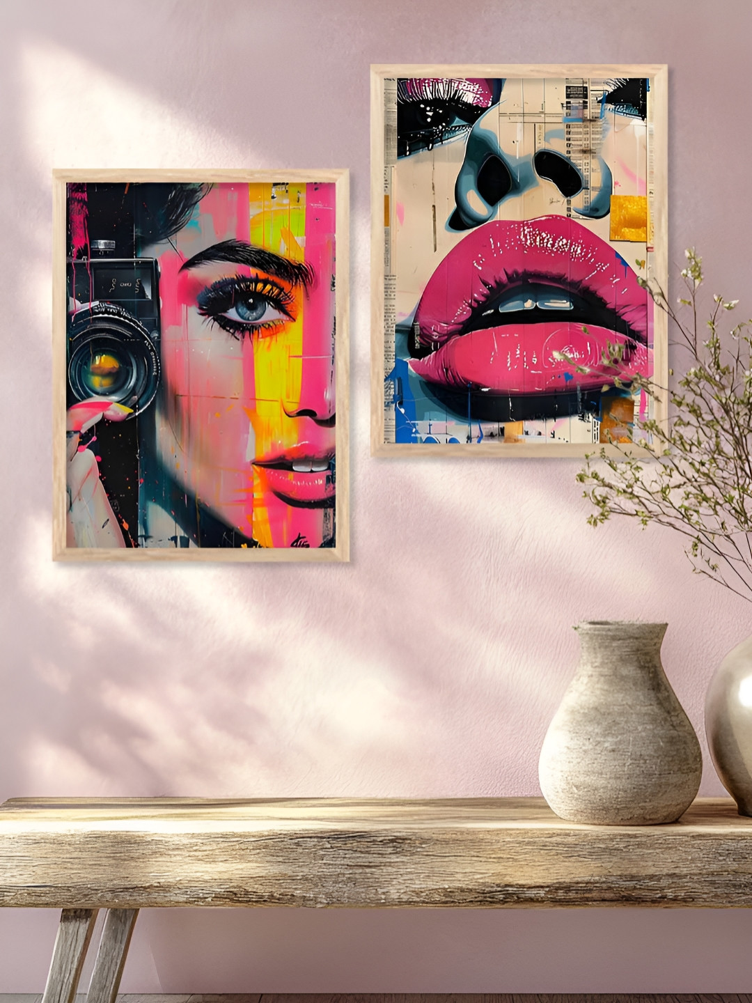 Kotart Brown & Grey 2 Pieces Women Face Printed Wooden Wall Arts