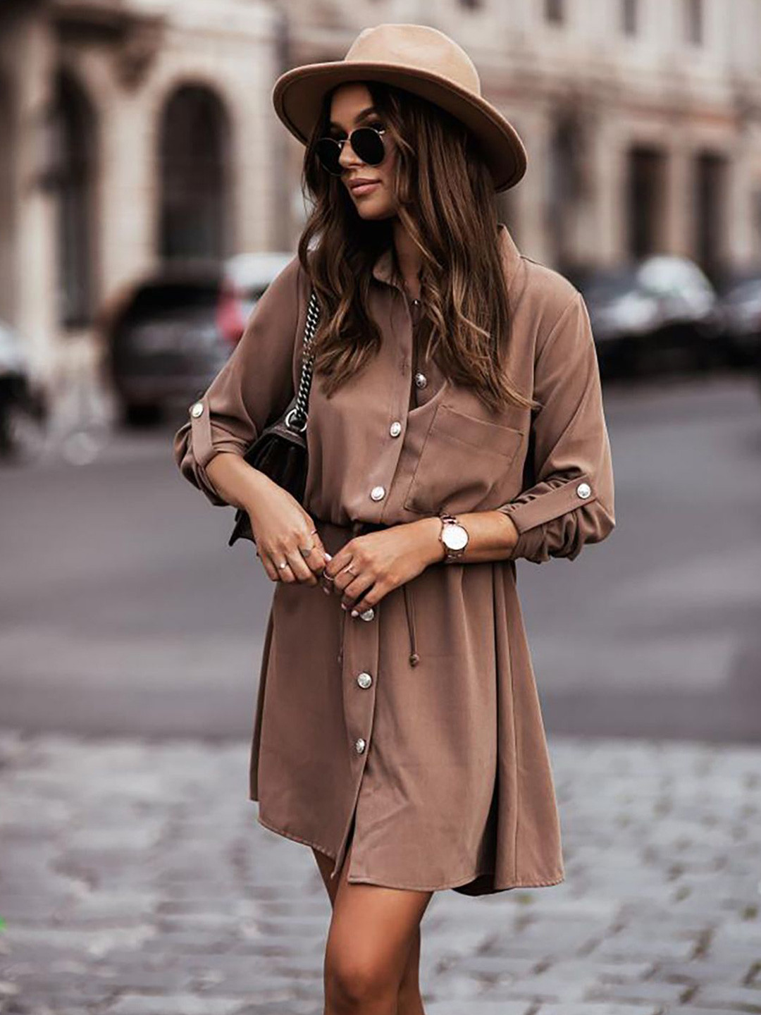 JC Mode Women Roll-Up Sleeve Shirt Dress