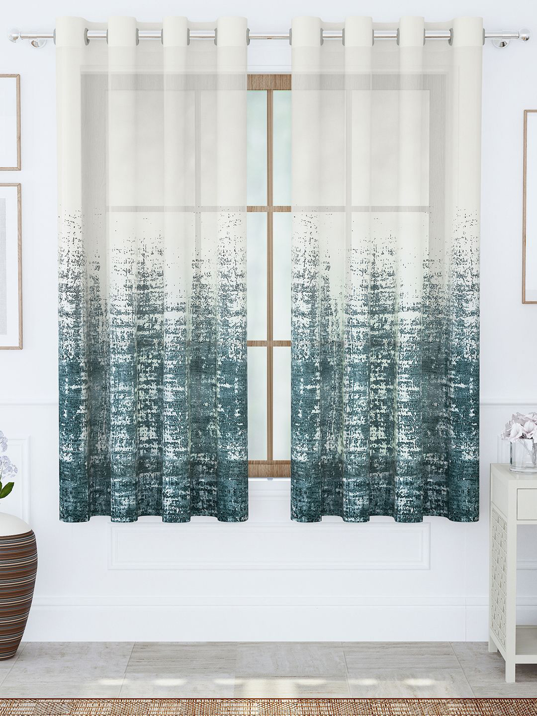 Story@home Aurum Teal & Cream Colored 2 Pieces Printed Sheer Window Curtains