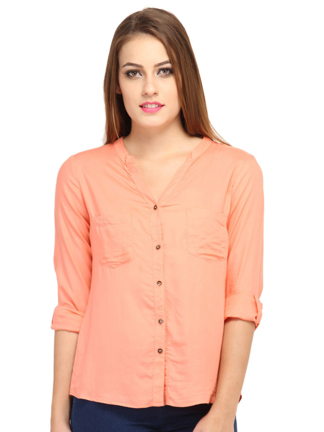 MINOS Collarless Roll Up Sleeves Casual Shirt