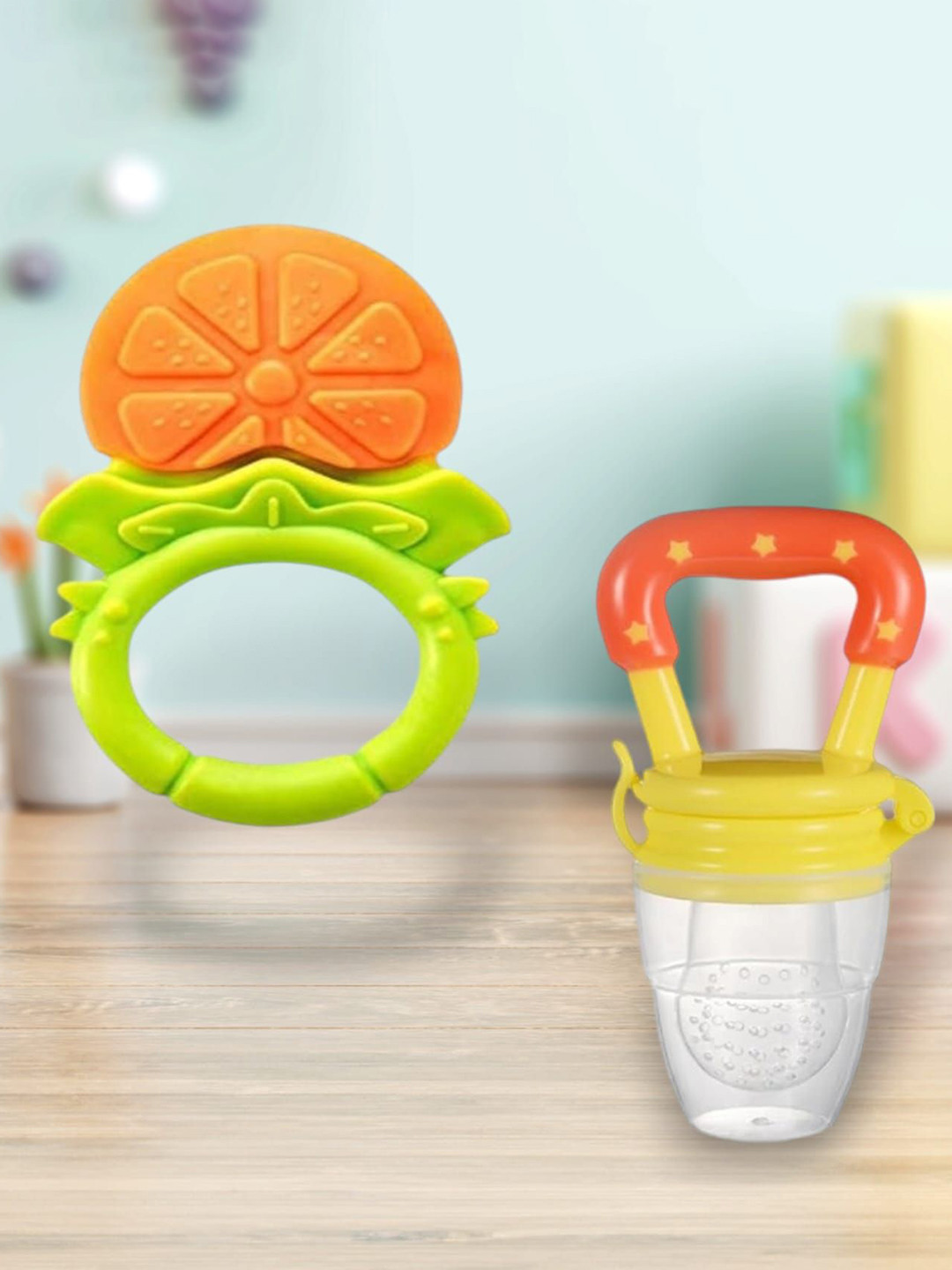 Joy Buzz Set Of 2 Fruit Teether & Star Nibbler Silicone Teething Toys- Yellow