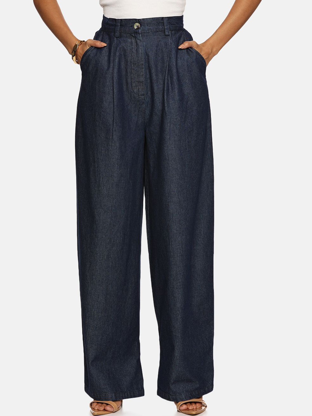 ISU Women High-Rise Pleated Denim Parallel Trousers