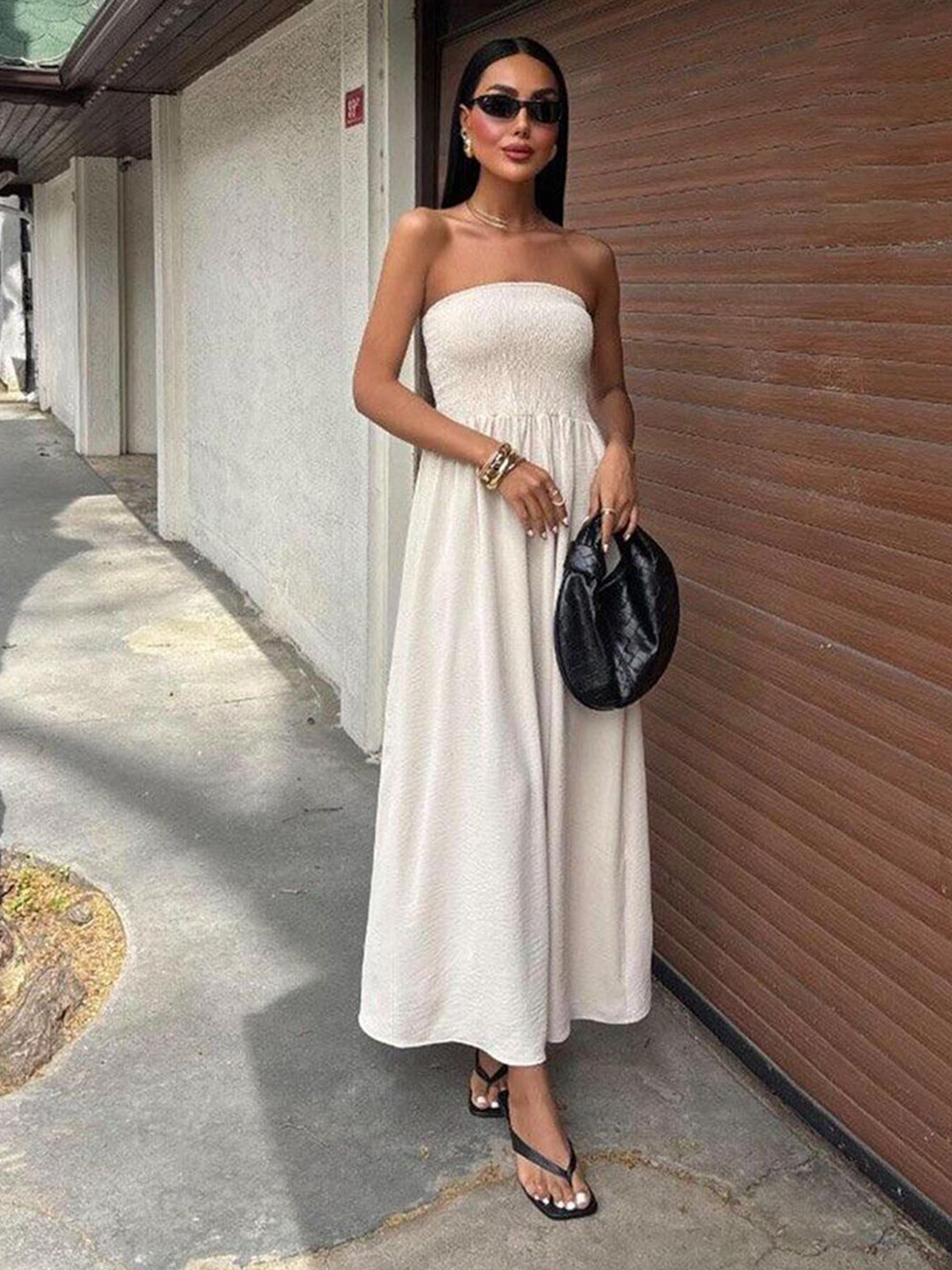 JC Mode Women Self Design Smocked Strapless Bandeau Dress