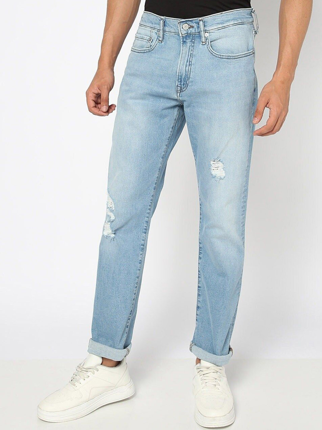 GAP Men Slim Fit Mid-Rise Mildly Distressed Light Fade Stretchable Boomerang Jeans