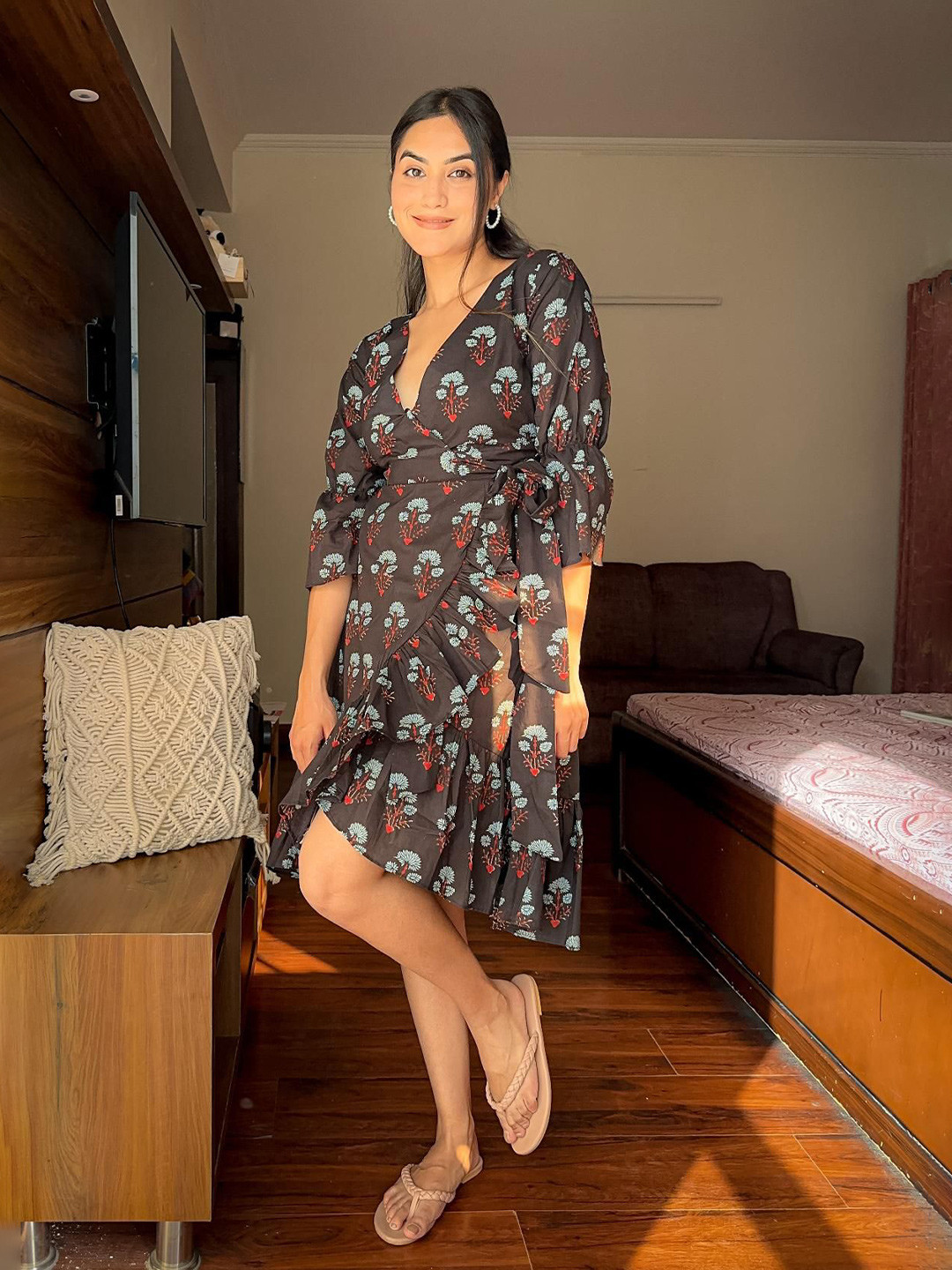 FFI Women Black Ethnic Motifs Printed Wrap Dress With Three-Quarter Sleeves