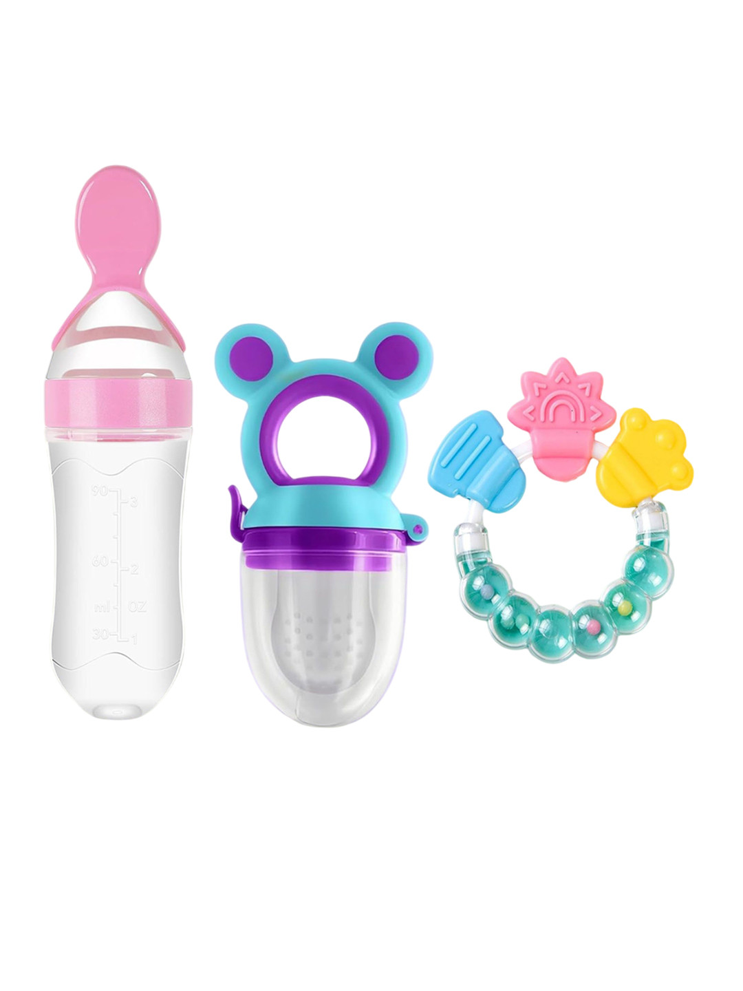 Joy Buzz Kids Set Of 3 Baby Food Feeder Nibbler & Rattle Teether - Pink & Blue