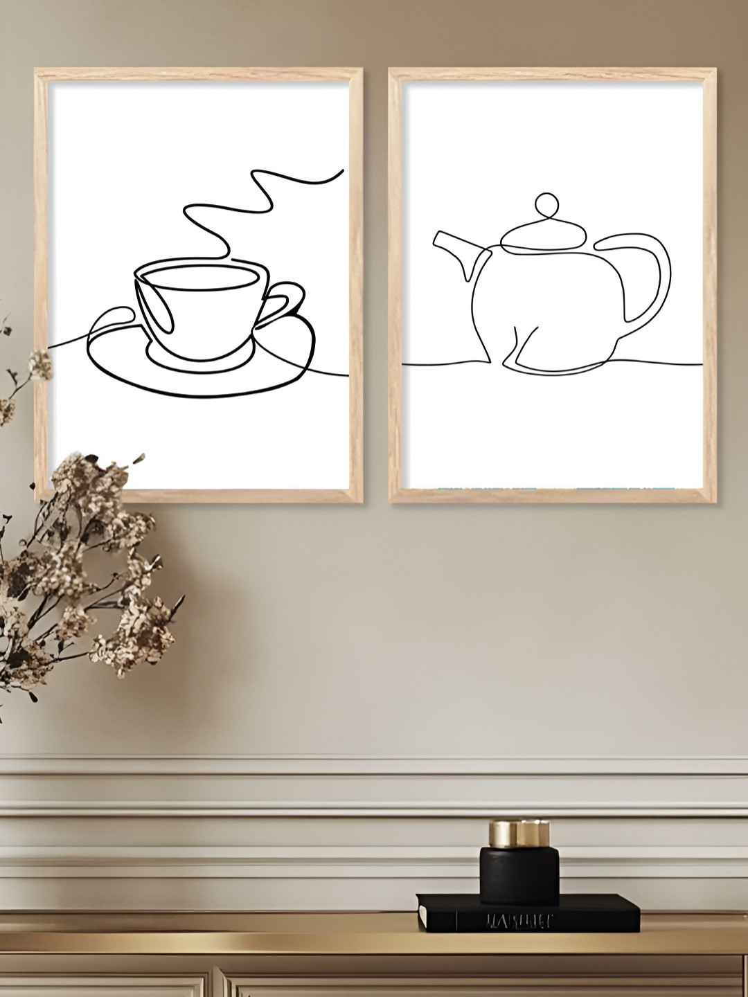 Kotart Brown & White 2 Pieces Kettle & Cup Printed Wooden Wall Arts