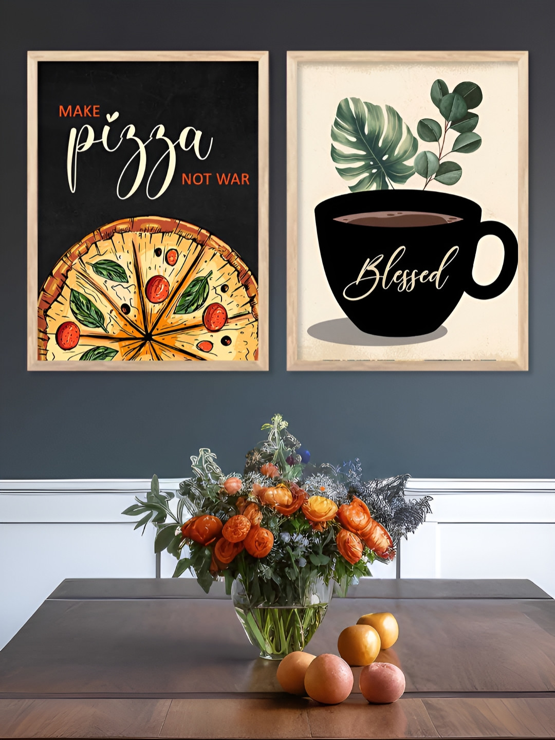 Kotart Brown & Black 2 Pieces Pizza & Cup Printed Wooden Wall Arts