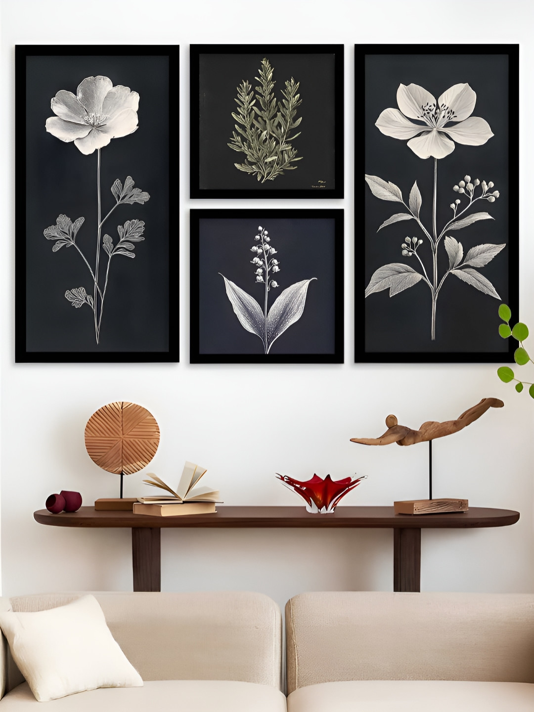 Kotart Black And Off White 4 Piece Wood Floral And Botanical Wall Paintings