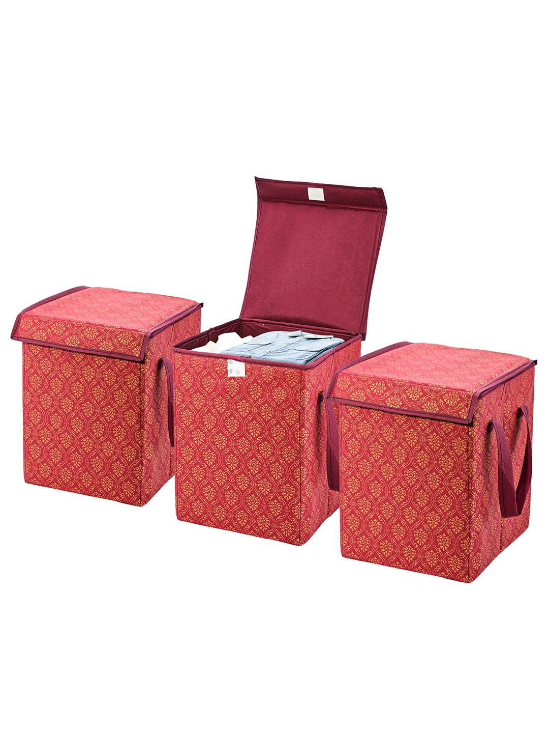 Kuber Industries Maroon & Gold 3 Pieces Foldable Clothes Storage Box Organisers With Lid
